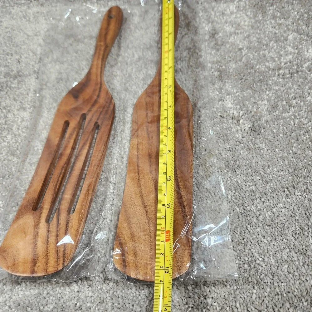 Wooden Salad‎ Server Set Brown Slotted and Solid Paddles